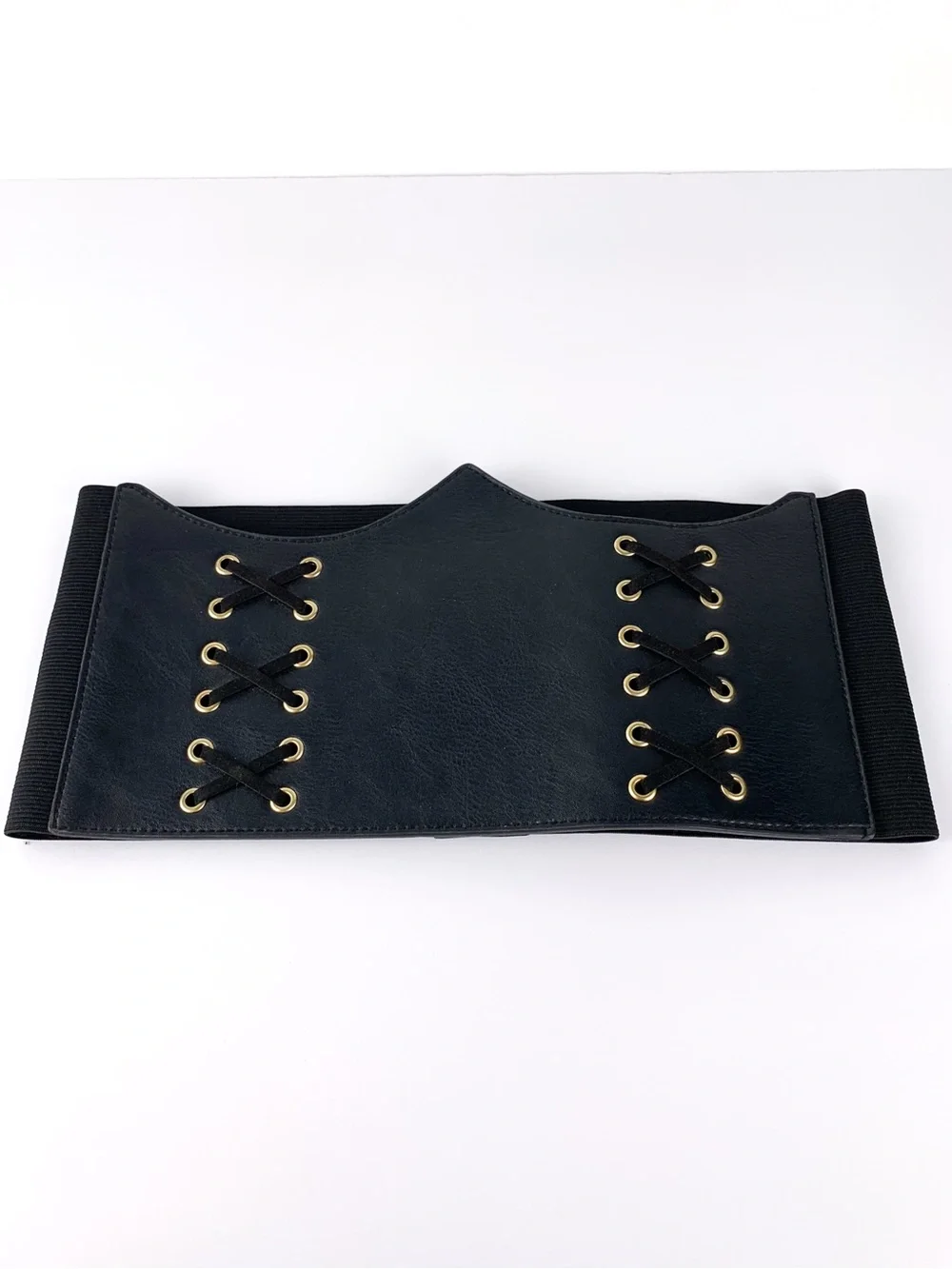 Black corset belt faux leather & elastic with goldtone snap closure size xs